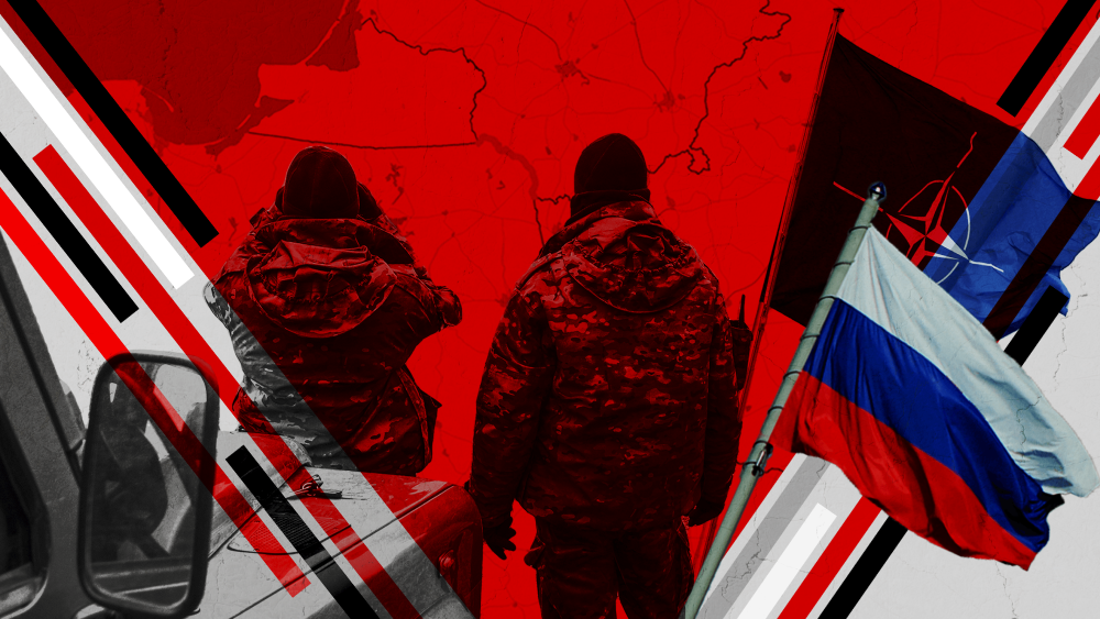 Ilustracija dva vojnika kako gledaju napred. Na crvenoj pozadini je mapa Suvalkija koja prikazuje granicu između Kalinjingrada, Litvanije i Poljske, a ilustracija prikazuje zastave Rusije i NATO-a.