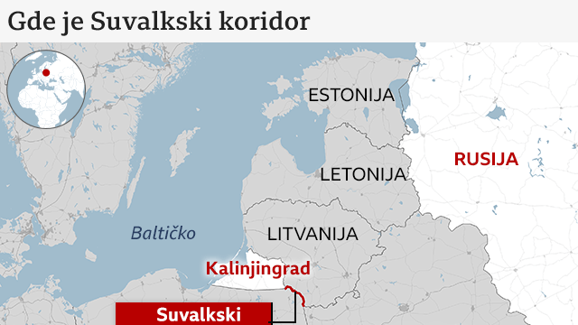 Mapa prikazuje granicu između Litvanije i Poljske označenu crvenom bojom kao Suvalski prolaz. Na mapi se takođe takođe ističu Baltičko more plavom bojom, Belorusija, Ukrajina, Letonija, Estonija sivom bojom i Rusija belom bojom.