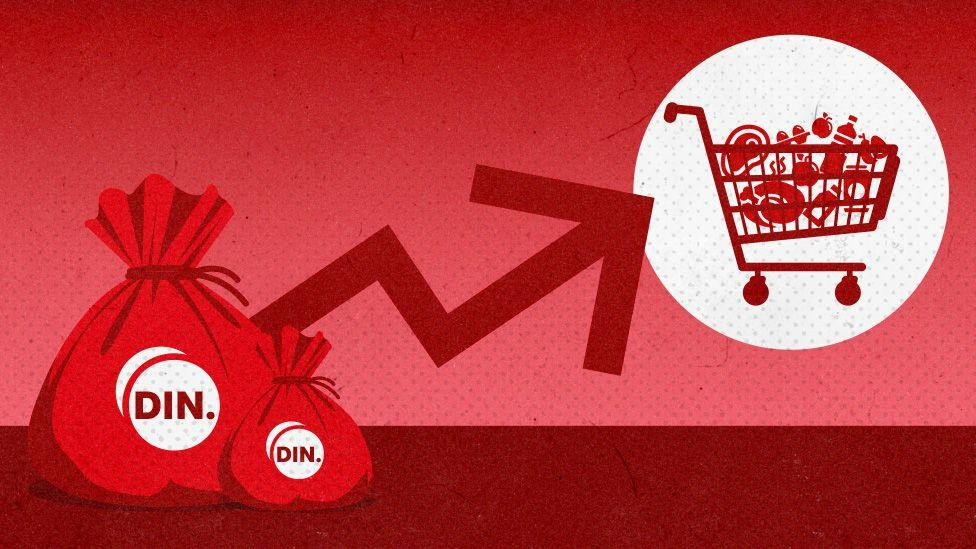 ilustracija za odnos minimalne zarade i minimalne potrošačke korpe - sa leve strane su vreće na kojima piše "din" sa desne korpa sa namernicama. 