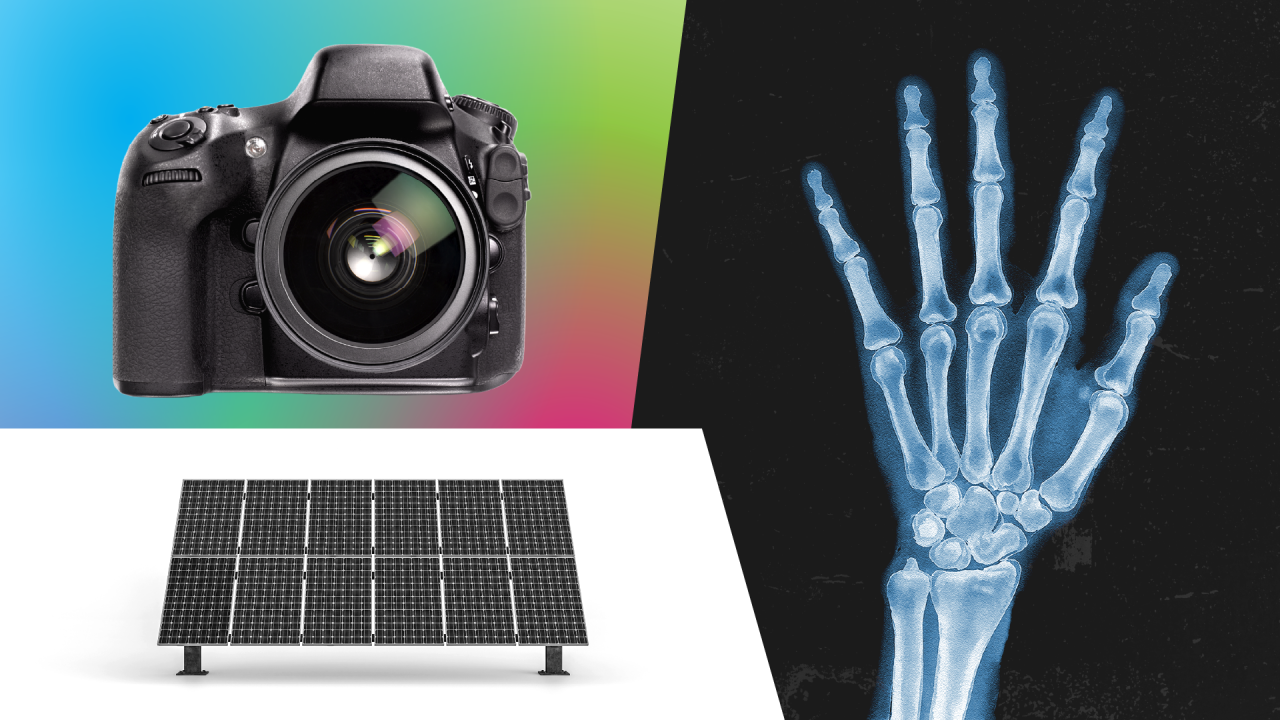 Fotoaparat, solarne ploče i rentgenski snimak šake