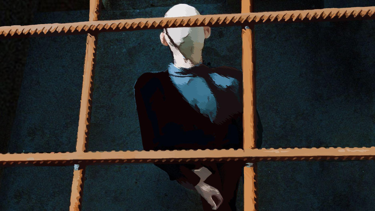 Ilustracija zatvorenika u ratu iza rešetaka sa rukama prekrštenim na leđim