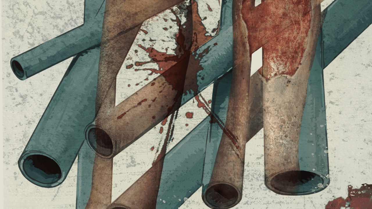 Ilustracija teških cevi i slike krvavih nogu koje su pogođene cevima