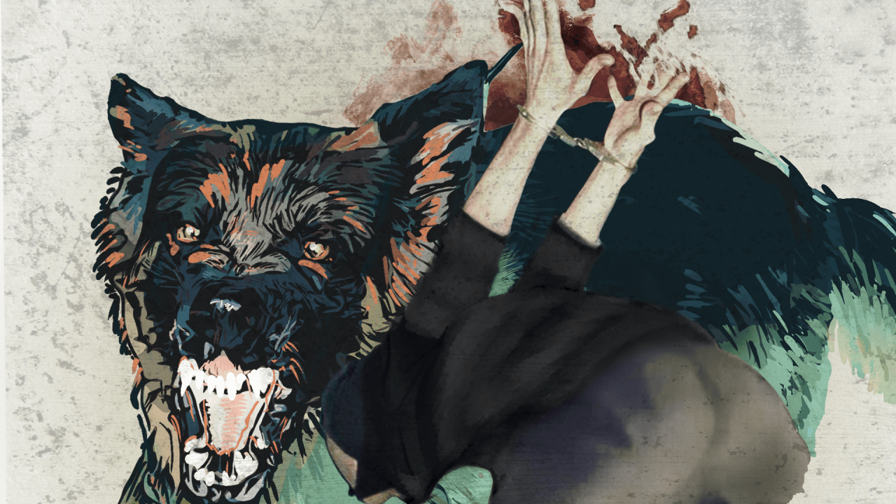 Ilustracija svirepog psa čuvara u napadu i podignute ruke sa lisicama