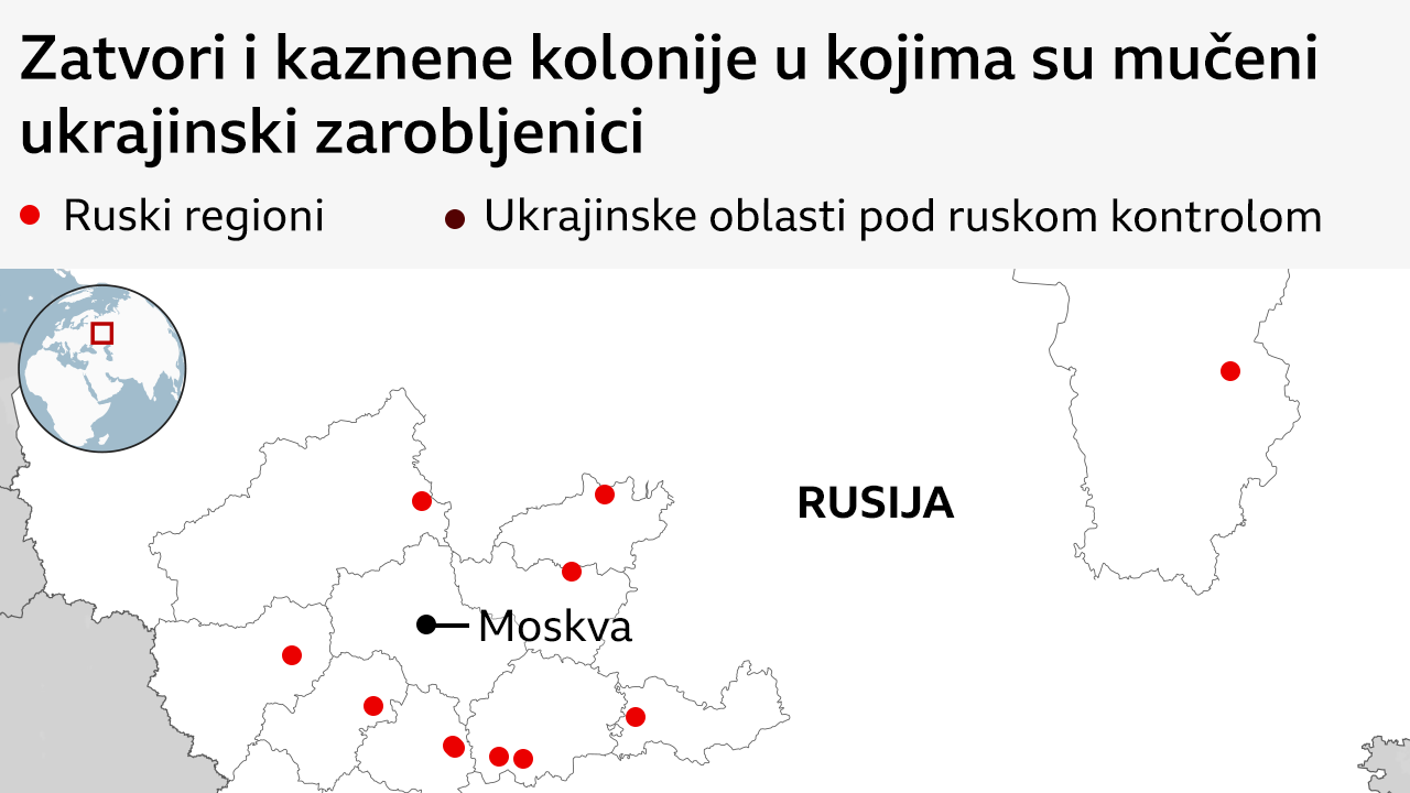 Mapa Rusije na kojoj su označeni zatvori i kaznene kolonije u kojima su navodno mučeni ukrajinski ratni zarobljenici i uhapšeni civili