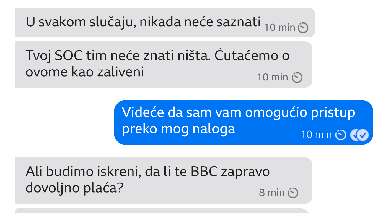 Skrinšot razgovora sa kriminalcem na aplikaciji Signal. SOC tim je operativni bezbednosni centar – tim za sajber bezbednost sa zadatkom da nadzire pretnje