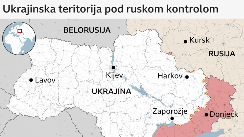 Mapa Ukrajine na kojoj su obeležene teritorije pod kontrolom Rusije