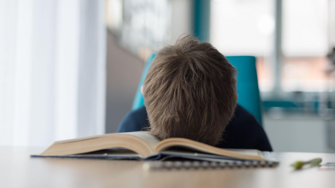 dečak sedi za stolom i stavio j glavu na otvorenu knjigu, učenik, dete koje uči, dete nevoljno uči za stolom