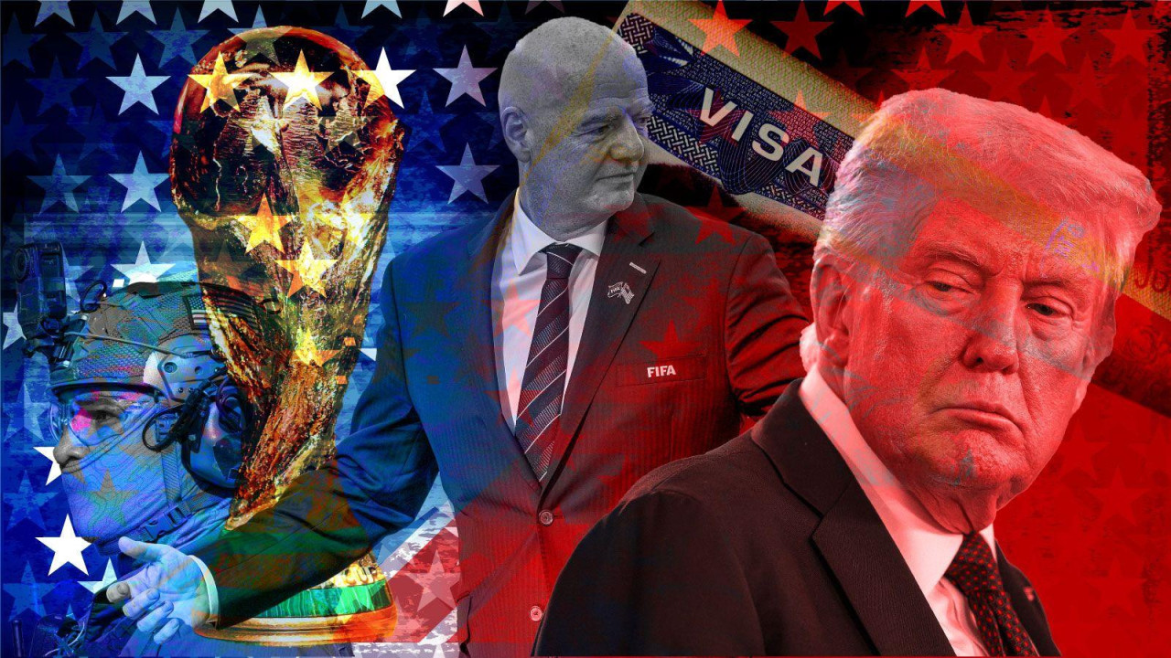 Kombinacija fotografija američkog predsednika Donalda Trampa, predsednika FIFA Đanija Infantina, američke turističke vize i službenika ICE, ispod motiva američke zastave