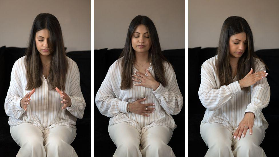 Kompozitna slika Džaslin koja izvodi vežbe za smanjenje stresa