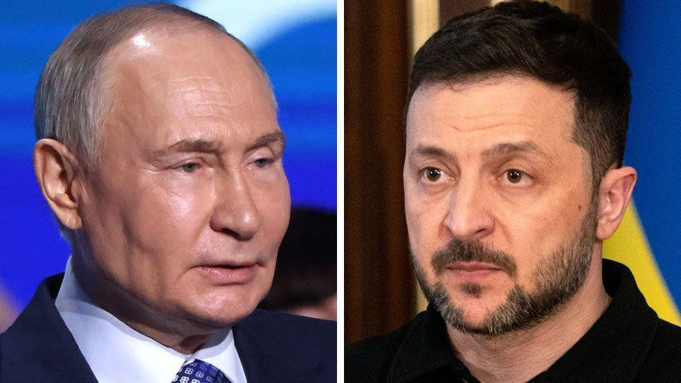 A composite image showing Vladimir Putin and Volodymyr Zelensky