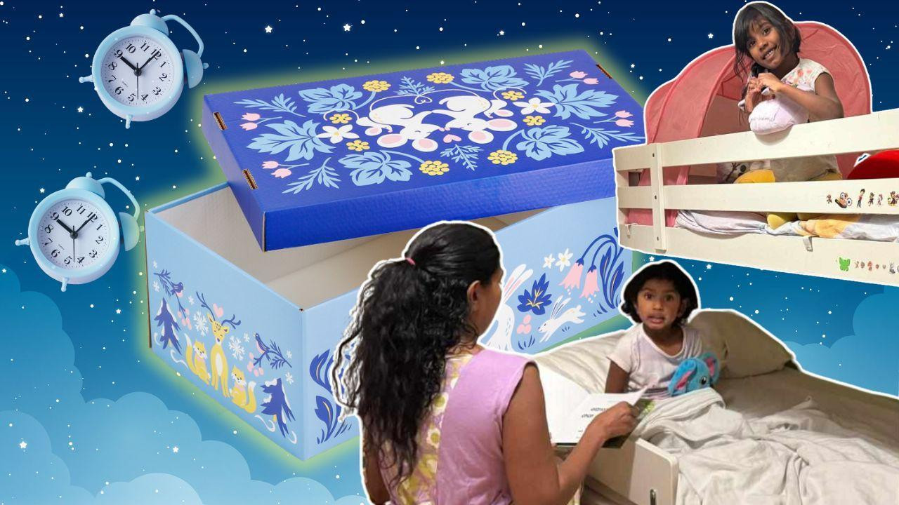 Majka poreklom sa Šri Lanke čita priče za laku noć dvema ćerkama koje spavaju u krevetu na sprat 