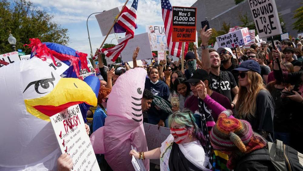 People holding many signs and dressed up in various things including a pink shark and an eagle, smiling and dancing