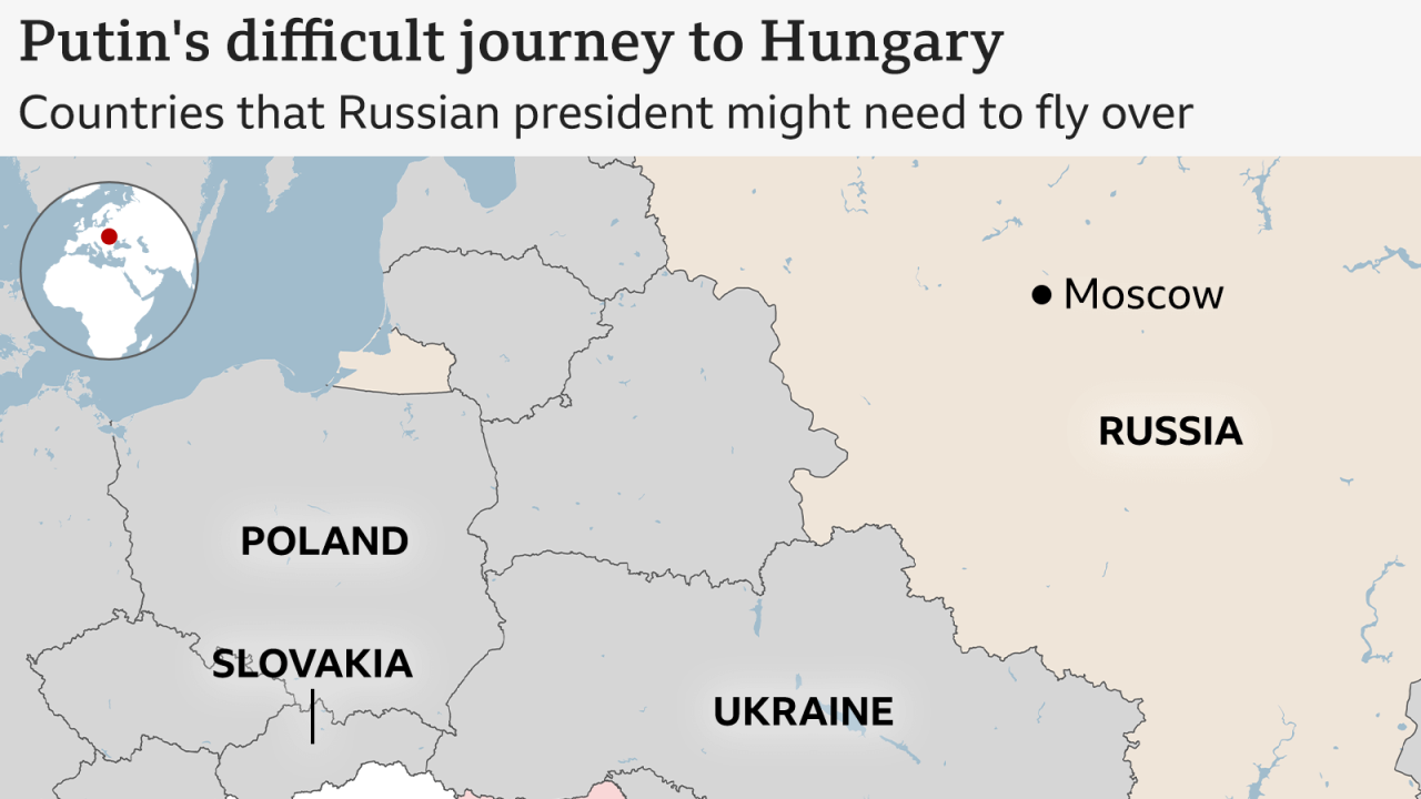 A map showing countries in red that Putin might need to fly over