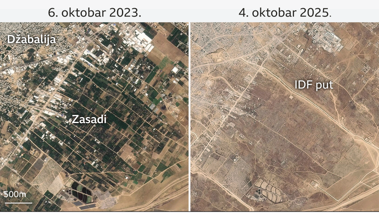 satelitski snimak od 6. oktobra 2023, koji pokazuju površinu pod zasadima, i satelitski snimak od 4. oktobra 2025, koji pokazuje površinu bez zasada