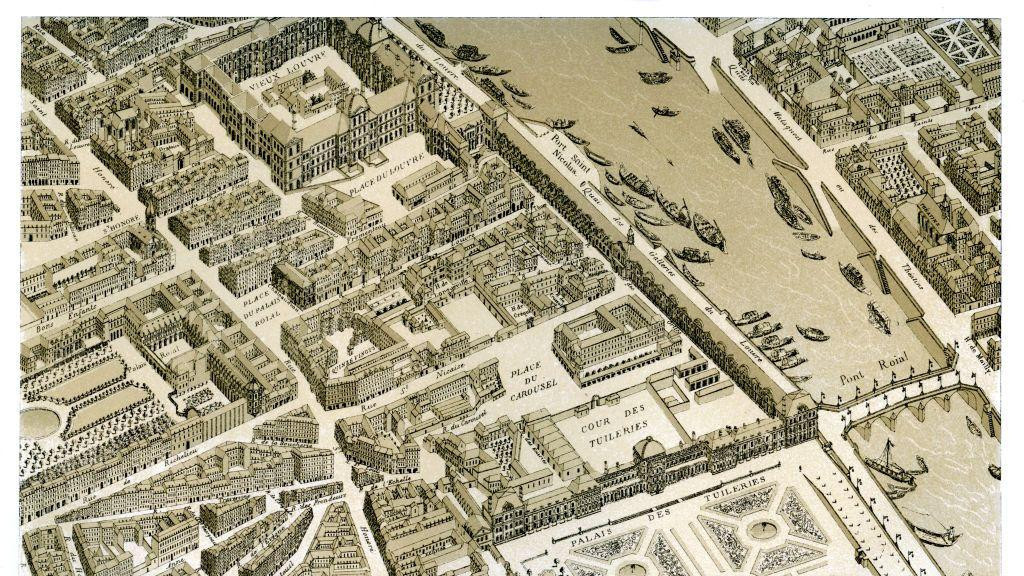 drevni prikaz mape pariza i luvra