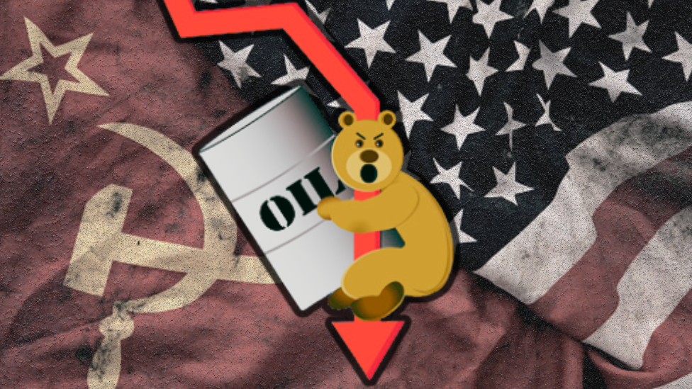 Ilustacija kineske i američke zastave uz medveda koji drži bure nafte