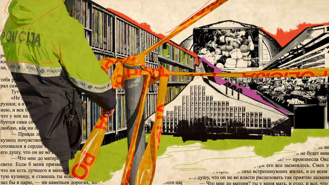 Kolaž oslikava Nacionalnu biblioteku Letonije i policijskog službenika na mestu zločina