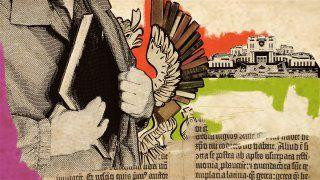 A collage depicting a book being hidden in the bosom of a coat, with the MSU library building in the background