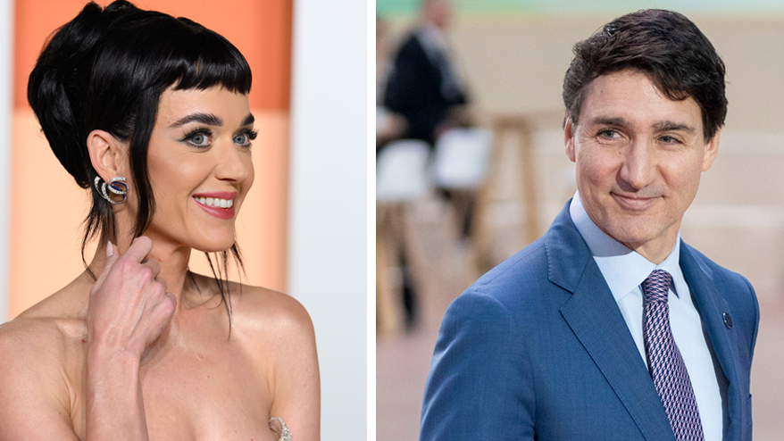 kombo fotografija levo Kejti Peri u svetloj haljini bez bretela, sa vezanom tamnom kosom u punđu, rukom drži jedan pramen, desno Trudo u plavom odelu smeška se 