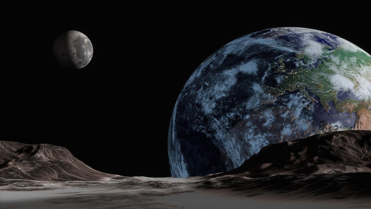 
                    Umetnička ilustracija kako bi Zemlja i Mesec mogli da izgledaju sa trećeg nebeskog tela u bliskom svemiru. Stene ovog asteroida vide se u prvom planu, sa Zemljom koja se