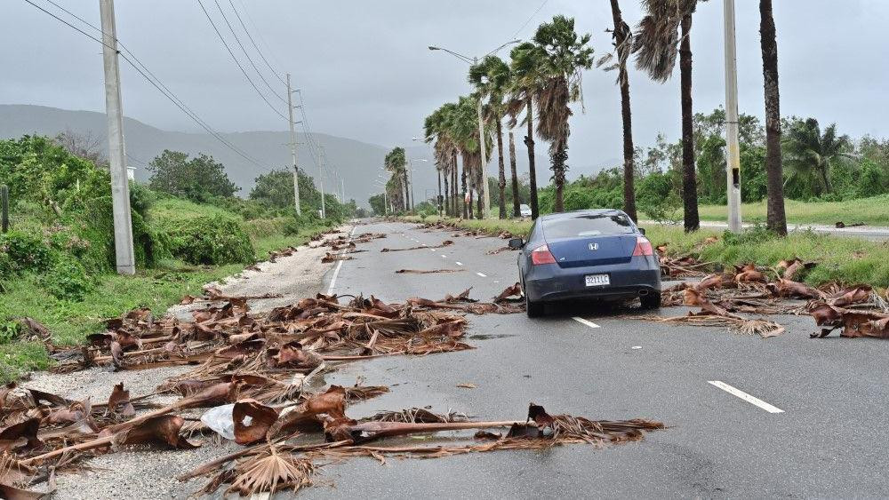 uragan melisa, uragan, uragan pogodio jamajku, automobil stoji na putu posle uragana, na putu su polomljena stabla