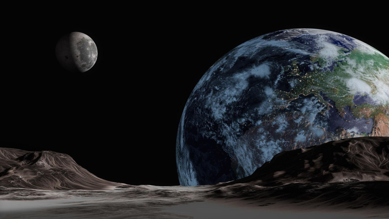 Umetnička ilustracija kako bi Zemlja i Mesec mogli da izgledaju sa trećeg nebeskog tela u bliskom svemiru. Stene ovog asteroida vide se u prvom planu, sa Zemljom koja se nadvija nad desnom stranom - more i kontinenti su jasno vidljivi - i Mesecom kao sivom masom udaljenijom gore desno