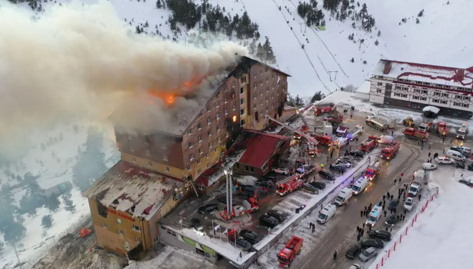 The Grand Kartal Hotel in Bolu, Turkey on fire