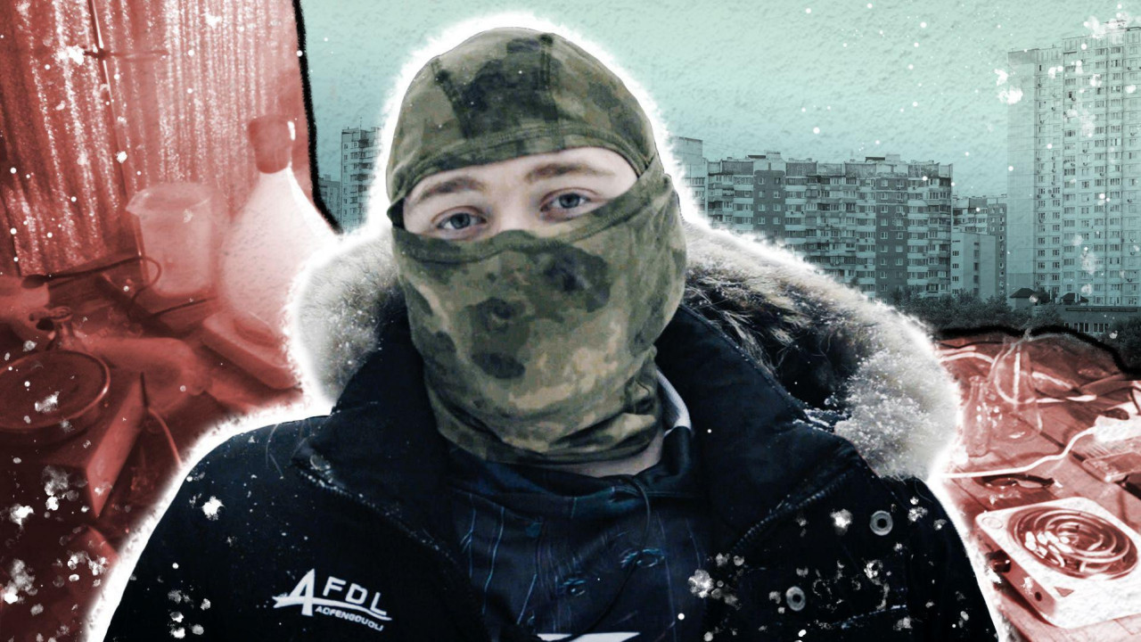 Юноша в зимней куртке и балаклаве на фоне серых многоэтажек и всяких принадлежностей для производства наркотиков - коллаж