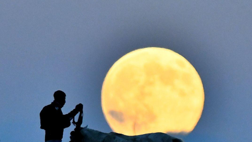 Muškarac i konj stoje na travnatom brežuljku, dok on drži uzde. Iznad njih, u Karsu u Turskoj, uzdiže se Mesec