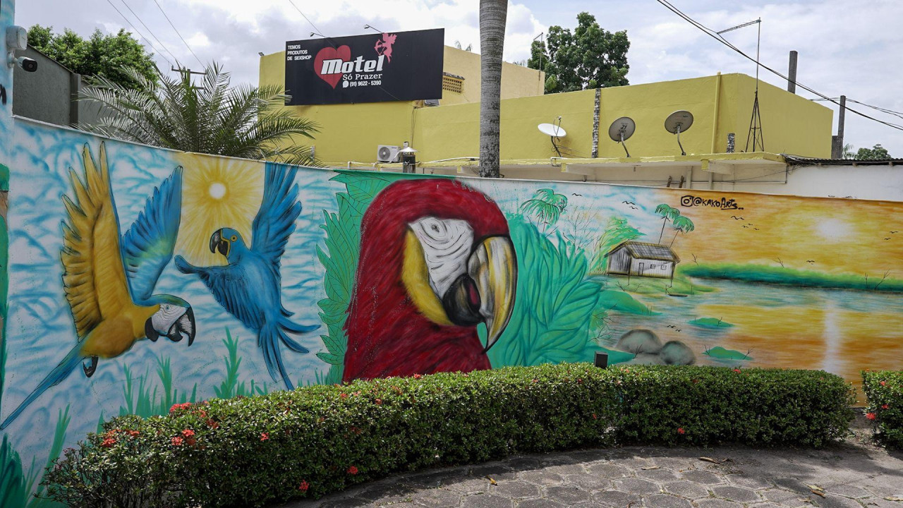 Žuta, plava i crvena ara na zidu, a u pozadini je žuta zgrada na kojoj je crni znak sa crvenim srcem i figurom Kupidona