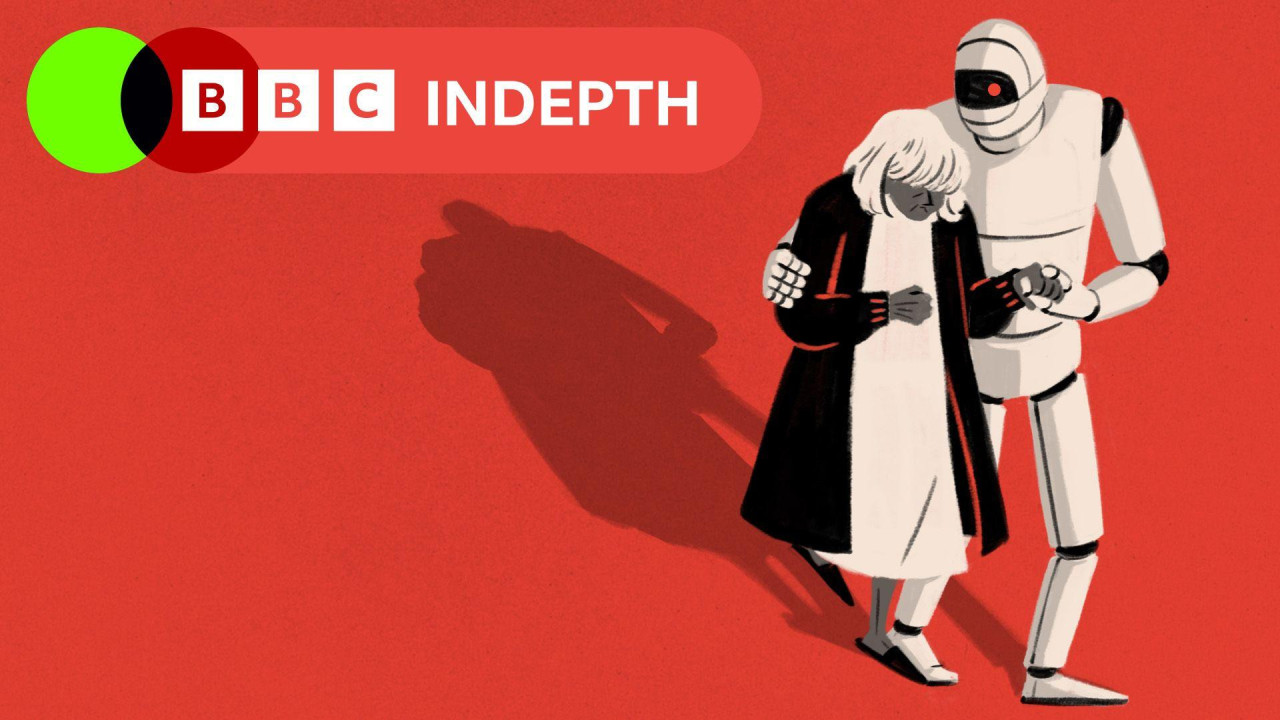 A sketch of a robot with their arm around a person