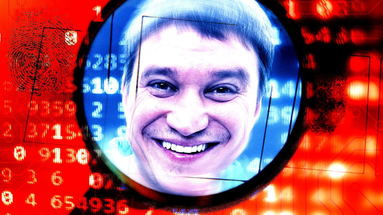 
                    Digital numbers and a fingerprint appear on a bright orange background. In the centre, framed inside a magnifying glass, is a young smiling man with close-cropped dark ha