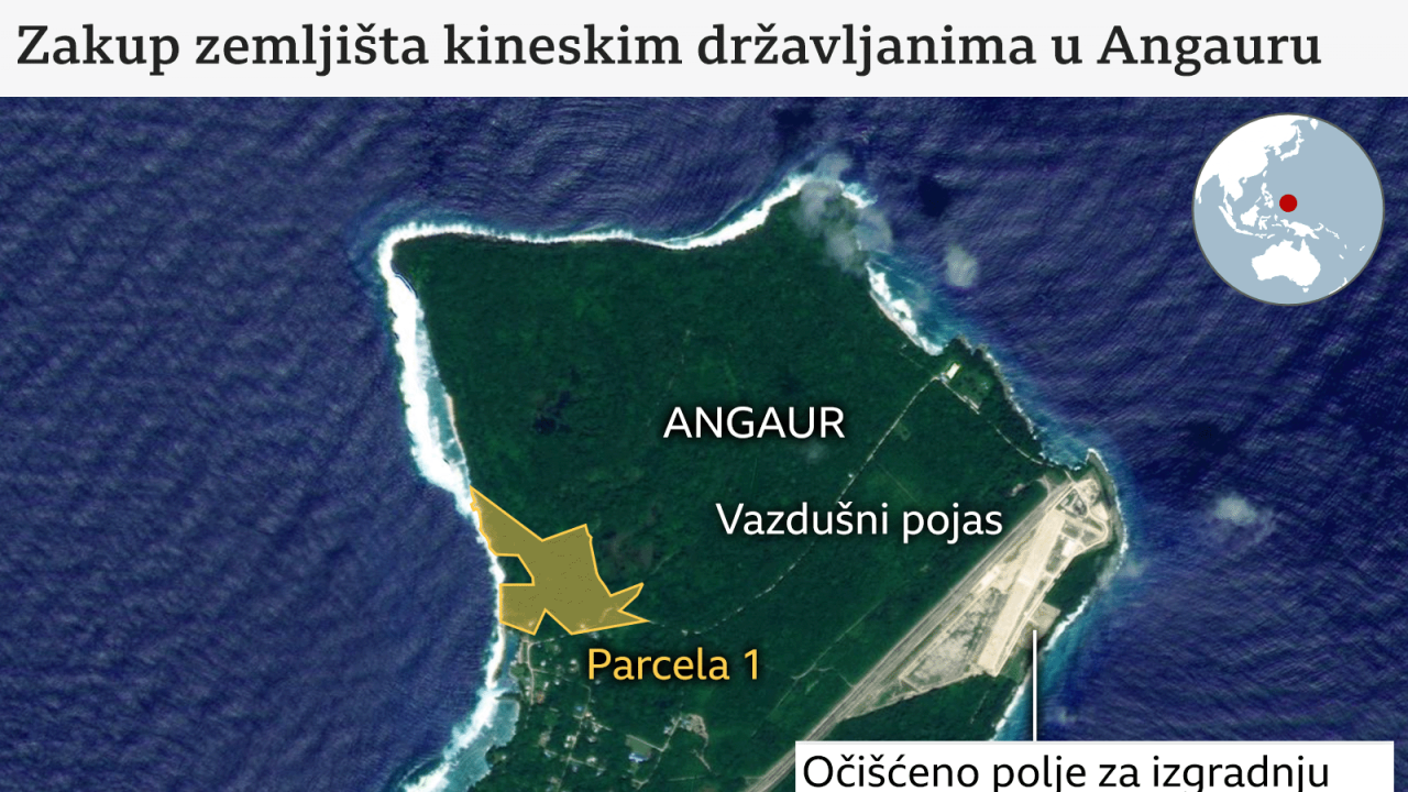 Mapa koja ilustruje kineska iznajmljivanja zemljišta i američke vojne lokacije u Angauru, u Palauu