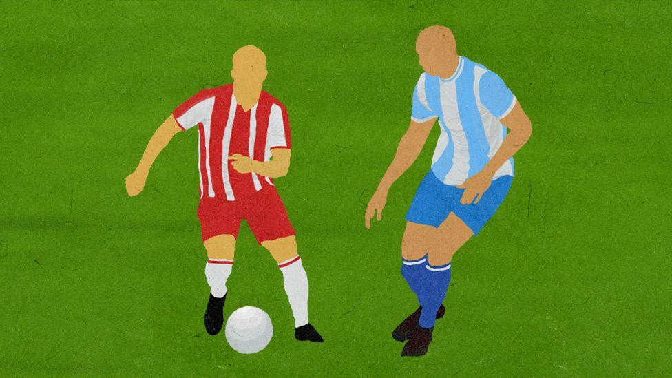 Crvena zvezda i OFK Beograd, ilustracija igrača u crveno-belom i plavo-belom dresu koji se bore za loptu, na zelenoj pozadini