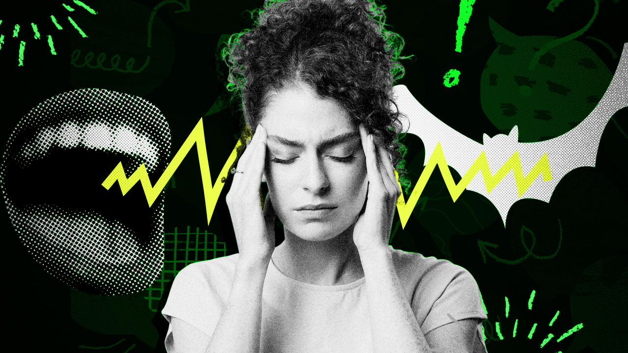 Žena se drži za glavu iza nje crna pozadina i zelene munje