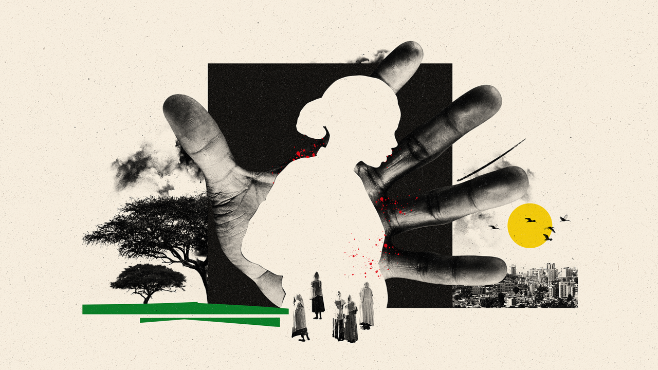 napravljena slika kremaste siluete žene sa velikom otvorenom rukom iza nje. Postoje i udaljene slike žena, drveća i gradskih visokih zgrada.