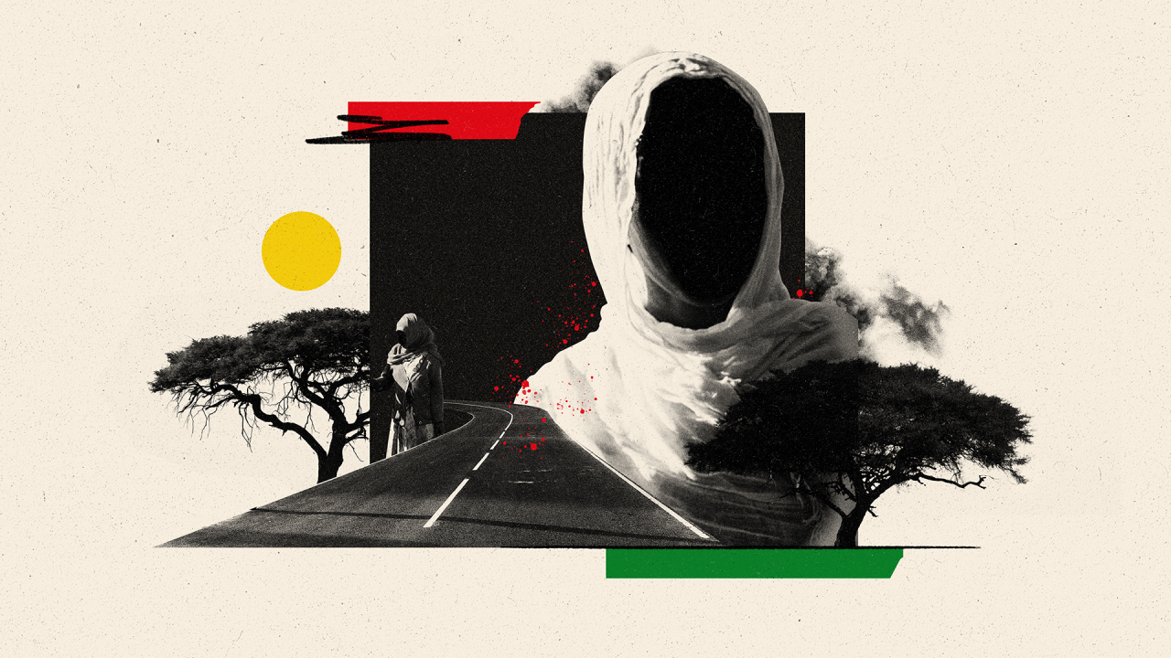 žena, čije je lice u silueti, obučena u beli šal koji joj pokriva glavu i ramena. Ispod nje je krivudavi put i nekoliko drveća i manja slika druge žene u sličnoj haljini. 