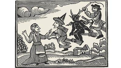 Crete žene koja stoji i muškaraca sa kupastim kapama kako lete na metlama zajedno sa đavolom.