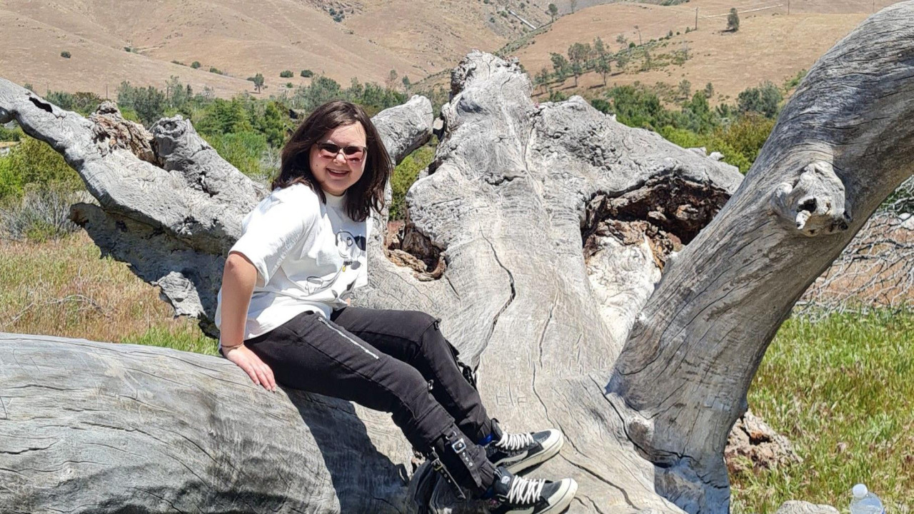 devojka sedi na velikom deblu drveta po sunčanom danu na proplanku