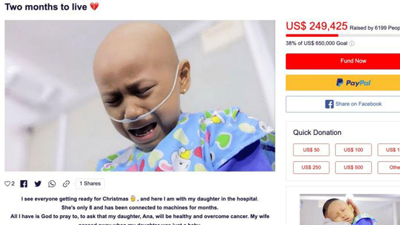 Stranica kampanje za prikupljanje donacija za Anu - ona plače, sa nazalnom cevčicom, a natpis na vrhu stranice glasi: „Dva meseca života“ uz emotikon srca.