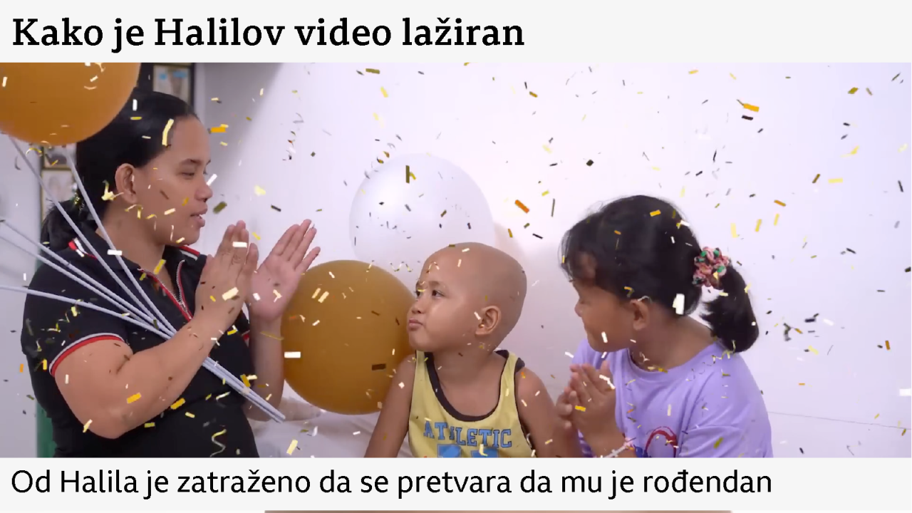 Grafika objašnjava kako je video kampanja za Halila bila inscenirana: njegovu majku i sestru kako aplaudiraju dok konfete padaju, uz balone u pozadini, Halila kako plače, Halila kako izgovara rečenice iz scenarija, sa cevčicom u nosu