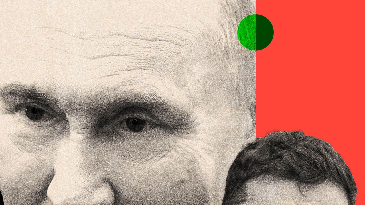 Zelenski u crnom u pozadini Putin