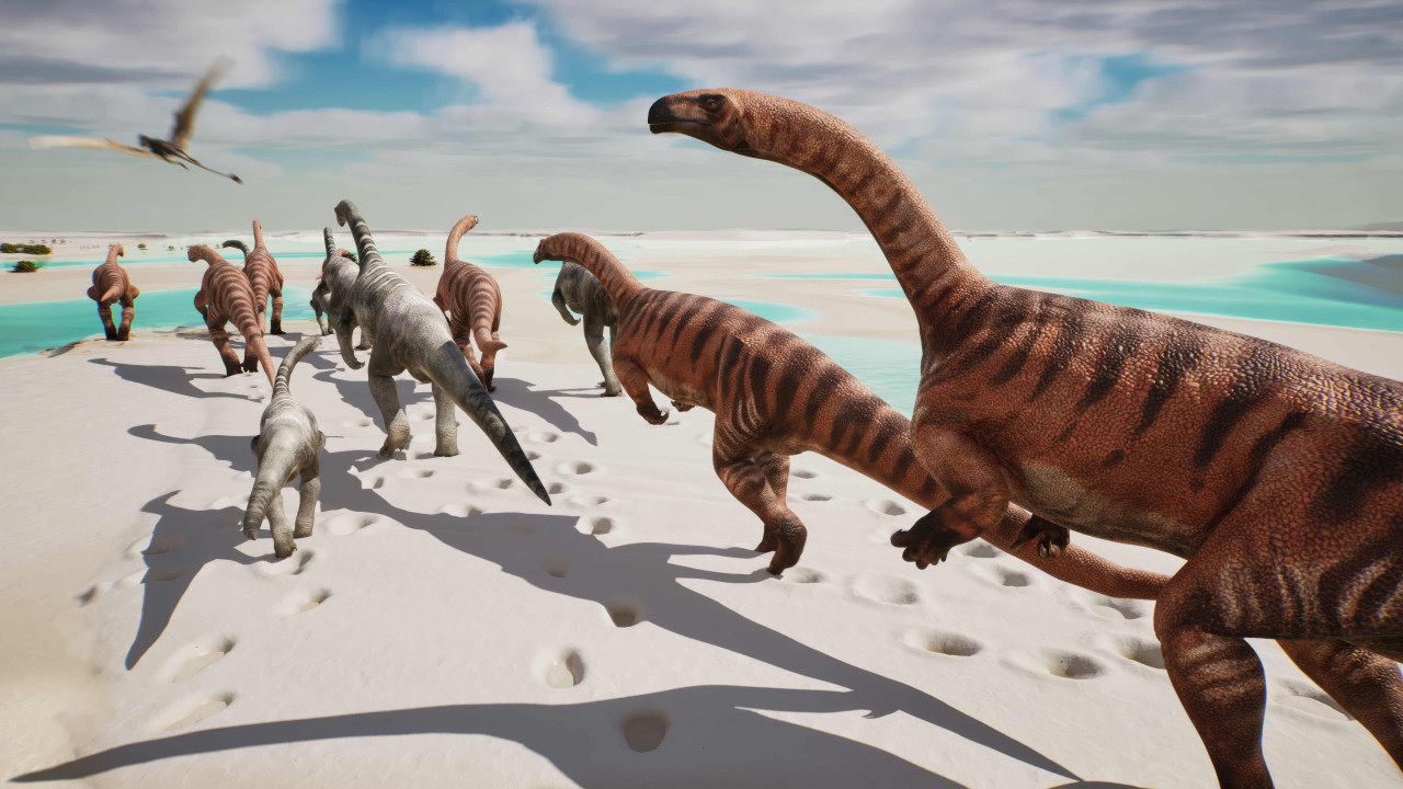 Umetnička rekonstrukcija prikazuje krdo prosauropoda kako se kreće preko blatnjave ravnice tokom oseke