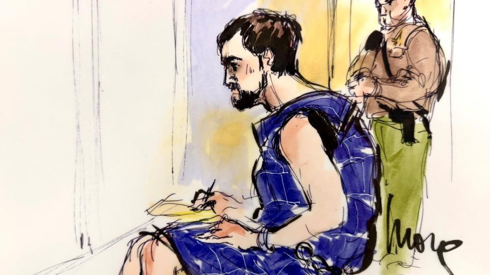 skica nika rajnera u sudnici, nik rajner optužen za ubistvo reditelja roba rajnera, njegovo oca