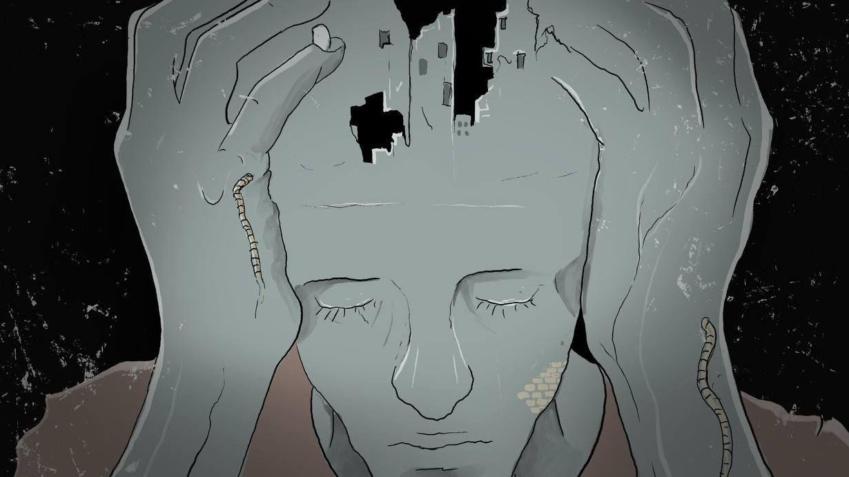 ilustracija mupkarca koji se drži za glavu prepunu rupa