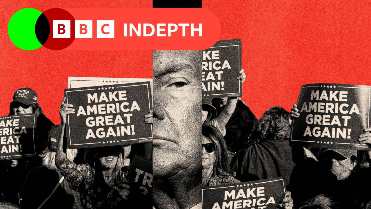 A treated image showing a slice of Trump's face in the middle, surrounded by crowds holding MAGA signs on either side