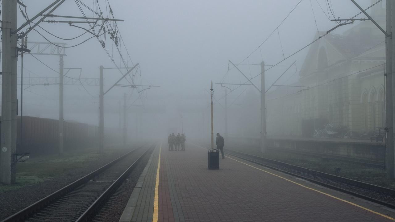 Vojnici na peronu železničke stanice po maglovitom danu