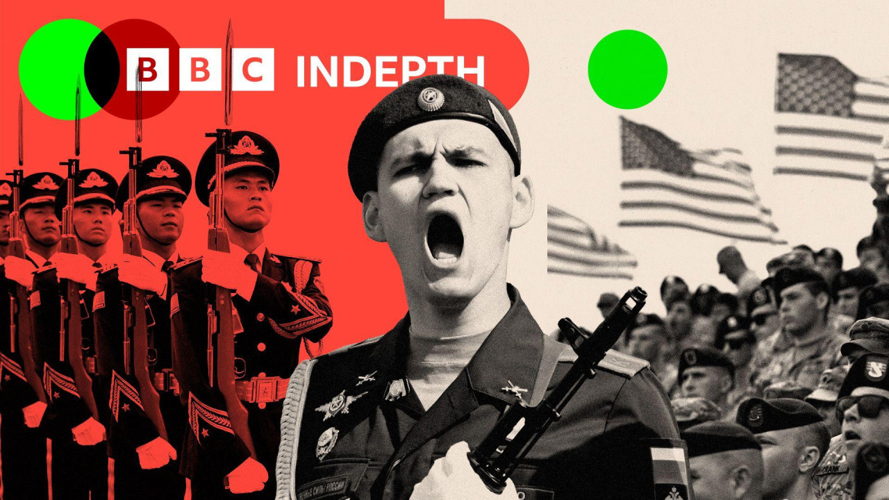 A treated image showing a montage of Chinese soldiers, members of the US army and a Russian serviceman