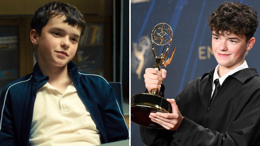 Oven Kuper u seriji Adolescencija (levo) i sa svojom Emi nagradom (desno). 