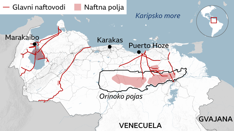 mapa Venecuele koja pokazuje glavne izvore nafte 